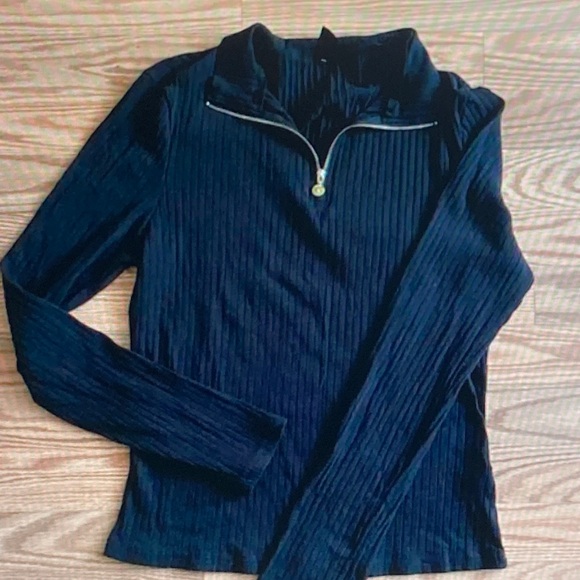 SHEIN Tops - SHEIN Navy Ribbed Half-Zip Turtleneck Sweater